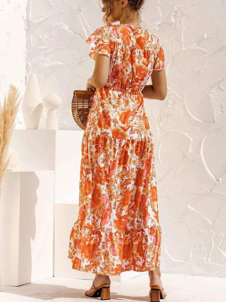 V-neck Floral Print Maxi Dress