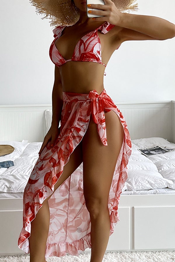 Three-piece Bikini With Leaf Print Mesh Lace