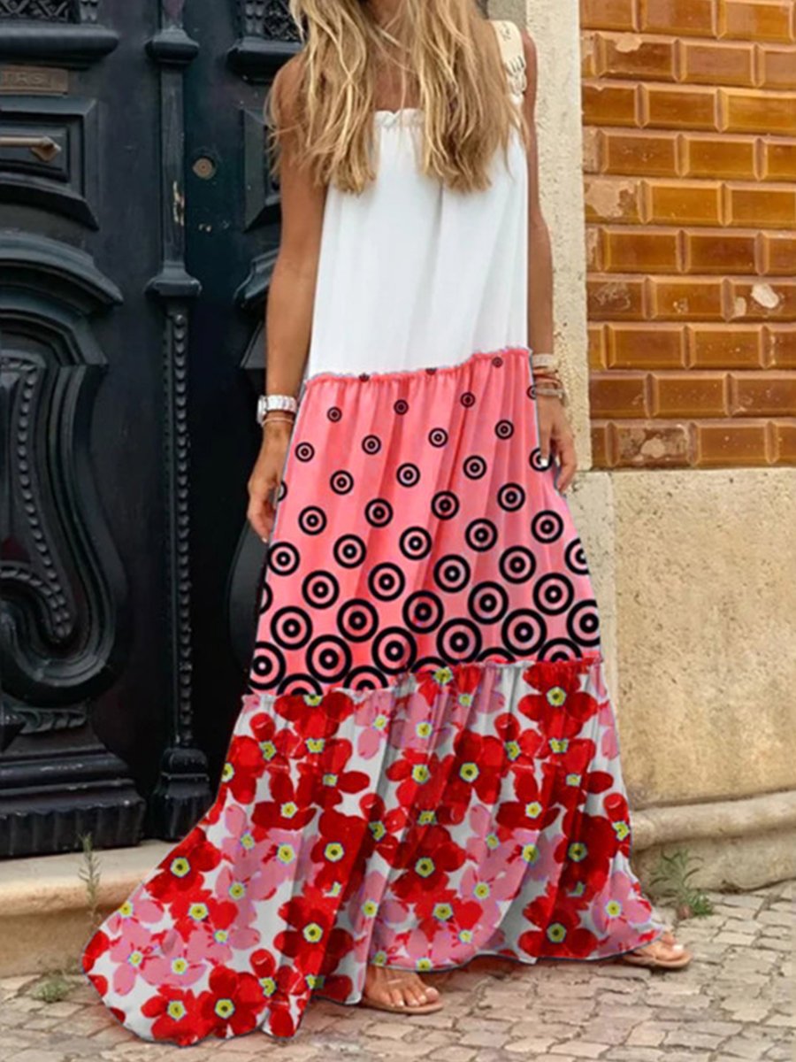 Casual Straps Dot Flower Print Colorblock Maxi Dress