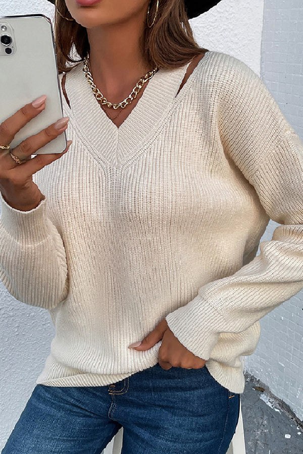 V Neck Solid Color Loose Sweaters