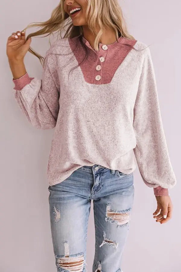 Button Contrast Color Stitching Sweater