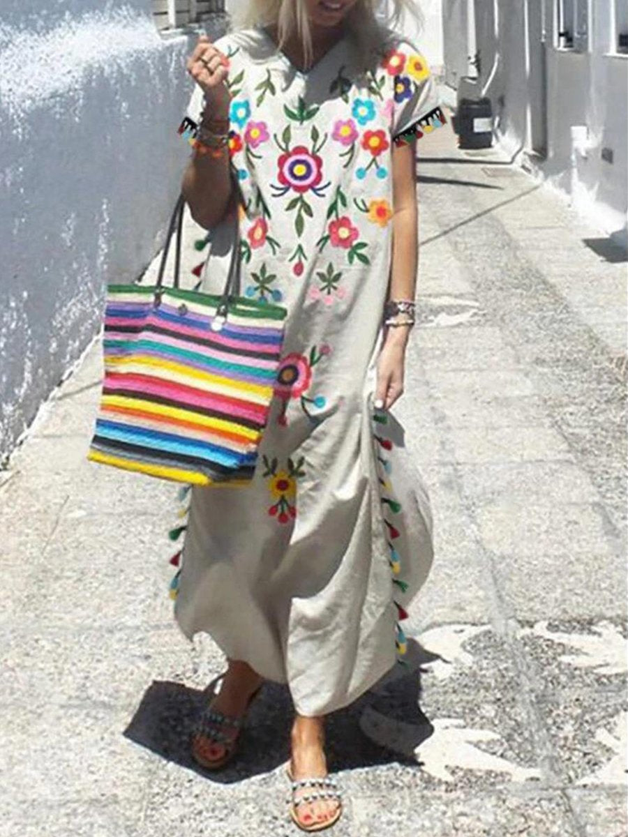 Smart Floral Print Tassels Decoration Dress