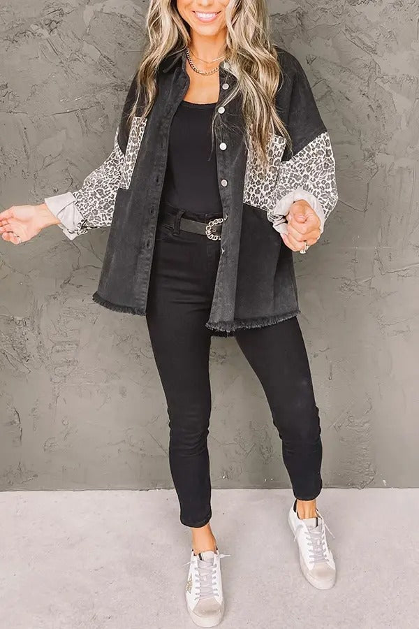 True Statement Denim Jacket-Black Leopard