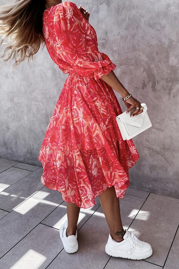 Red Print Short Sleeve Midi Dress