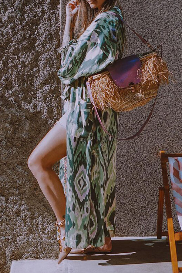 Loose Lace-up Printed Cardigan Dress