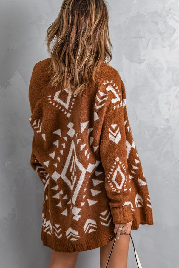 Aztec print Open Front Knitted Sweater