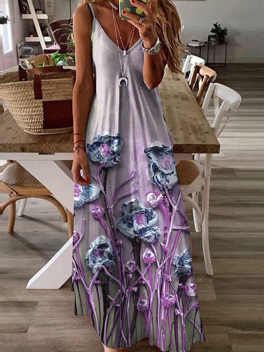 Casual Sphagetti V-neck Print Maxi Dress