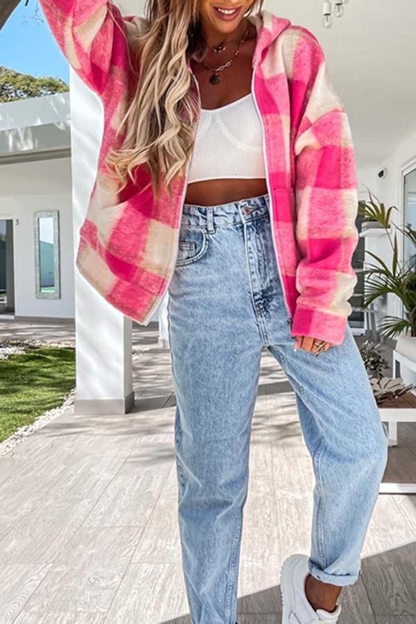 Plaid Hooded Long Sleeve Zipper Pocket Jacket