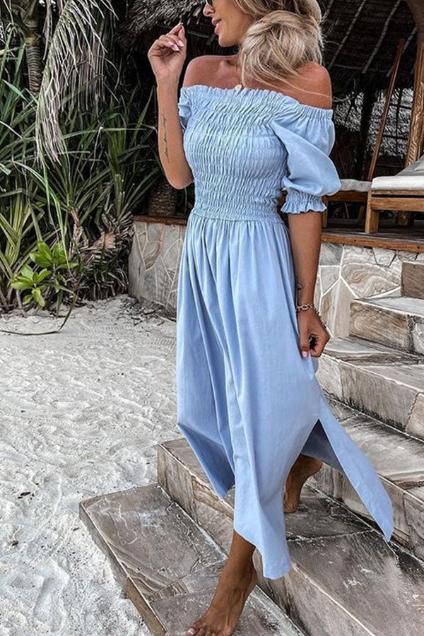 Forever After All Smocked Off Shoulder Slit Dress