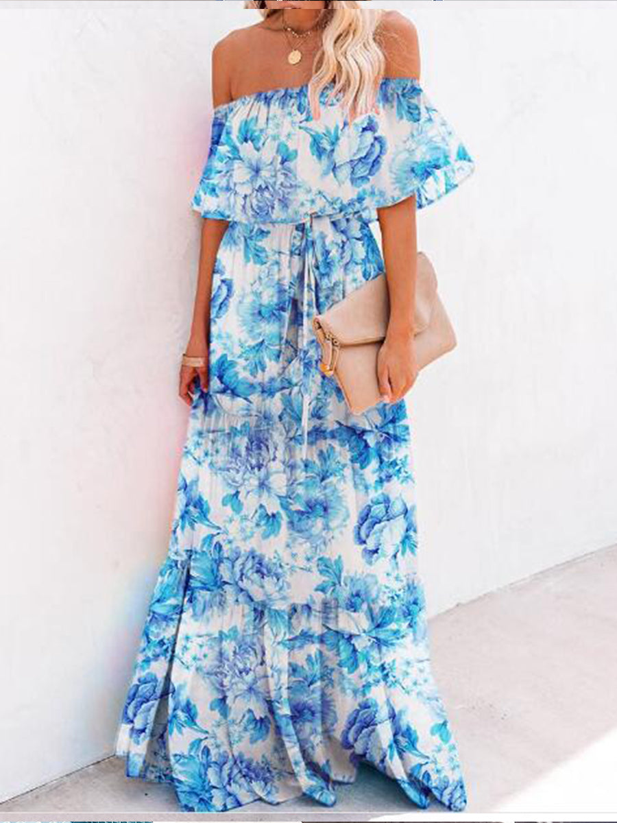 Print Off Shoulder Layered Ruffles Maxi Women Dress