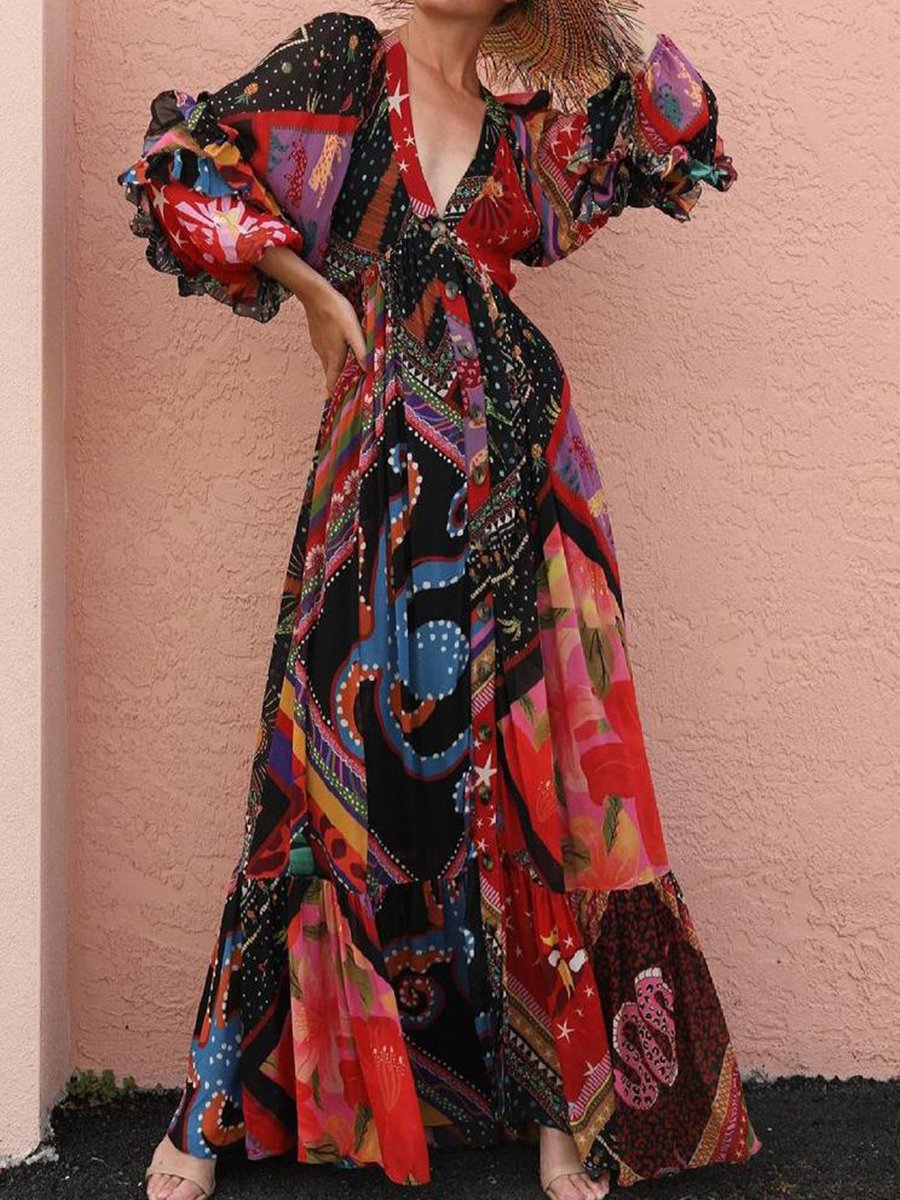 Glamorous Print V-Neck Long Sleeve Maxi Dress