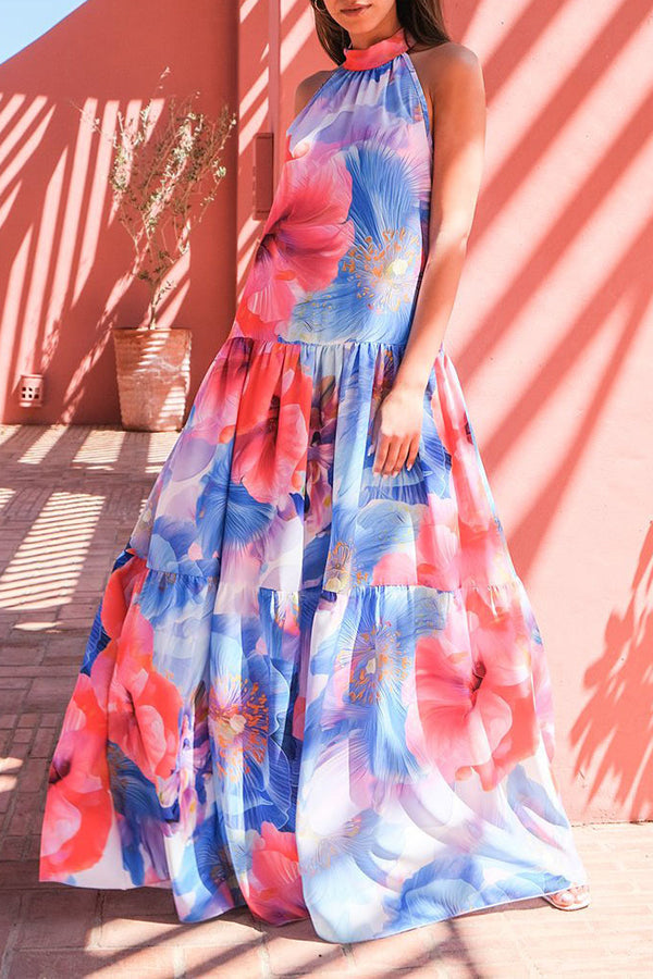 Temperament Halter Neck Sleeveless Print Swing Maxi Dress
