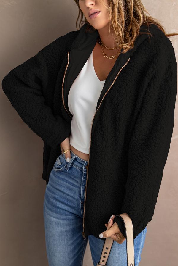 Zip Up Sherpa Hooded Coat with Pocket