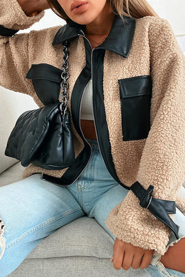 Lamb wool stitching warm autumn and winter long-sleeved jacket