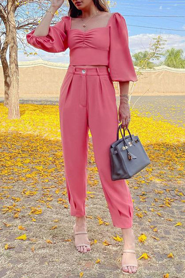 Square Neck Slim Fit Cropped Top Loose Solid Color Casual Pants Two Piece Set