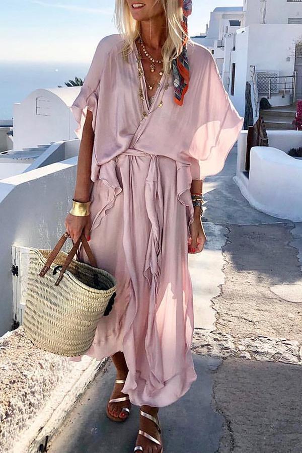 Casual V-neck Ruffled Loose Dress