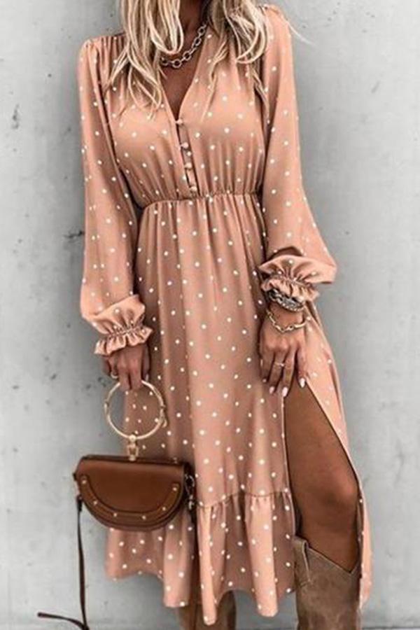 V-Neck Long Sleeve Polka Dot Slit Calf-Length Dress
