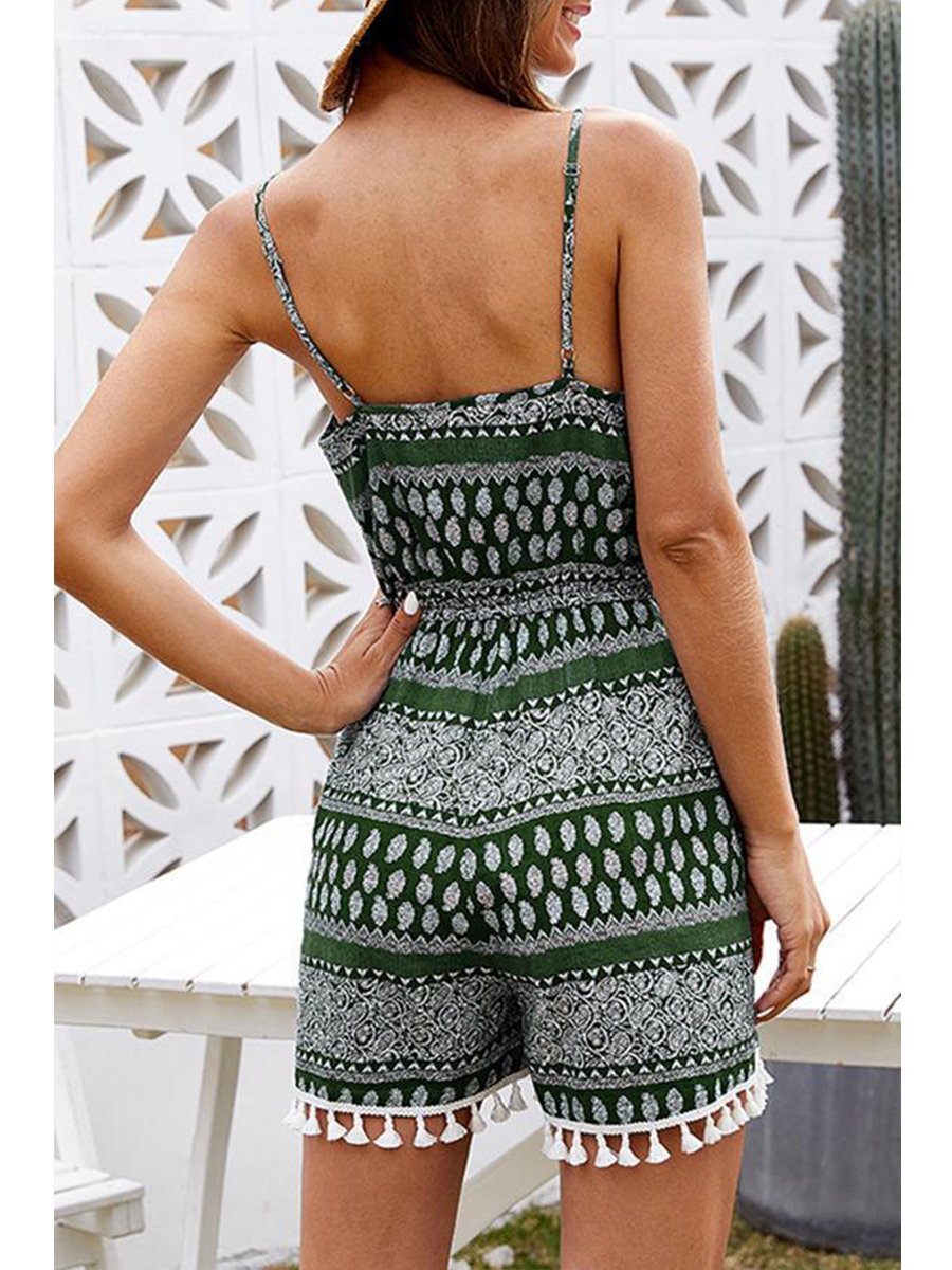 Laid Back Geometric Print Tassels Romper