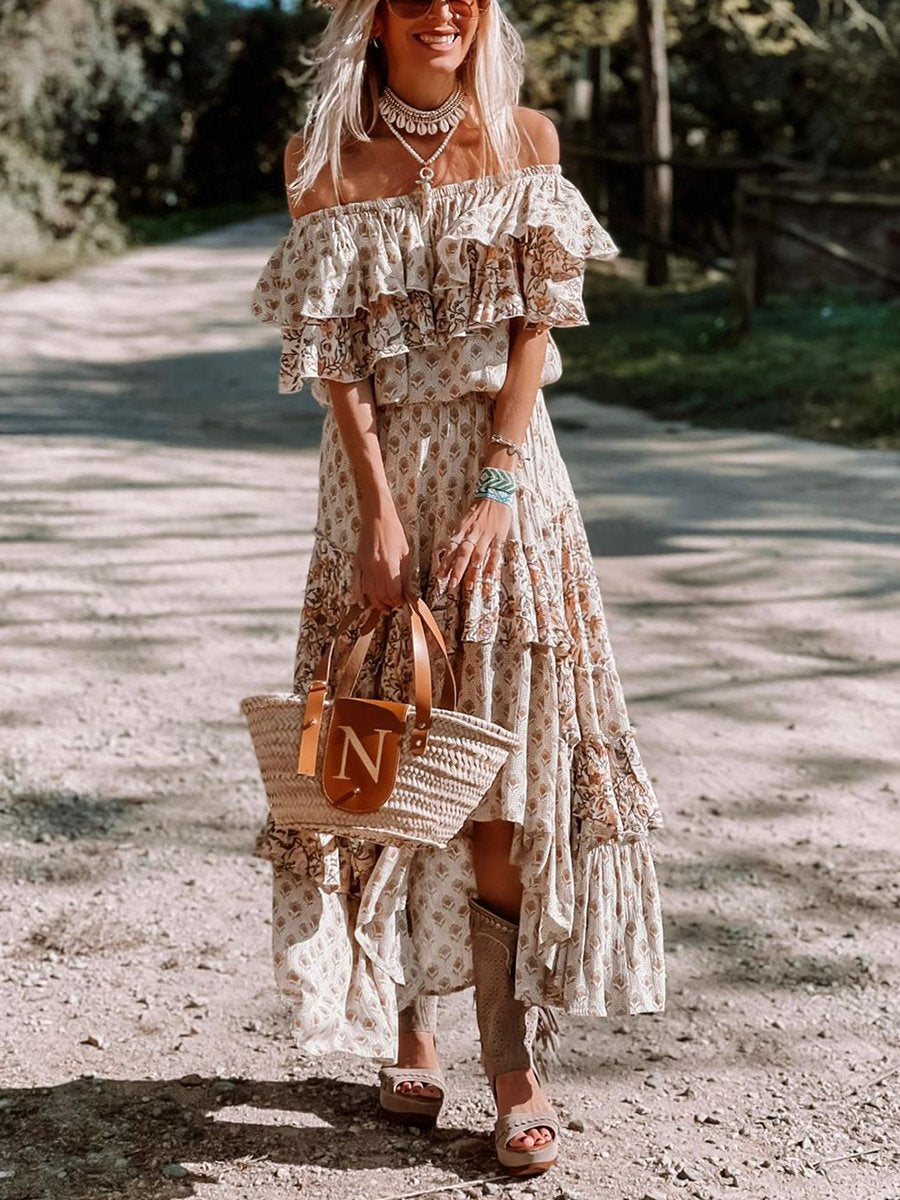 Off-the-shoulder Ruffle Smocked Print Maxi Dress