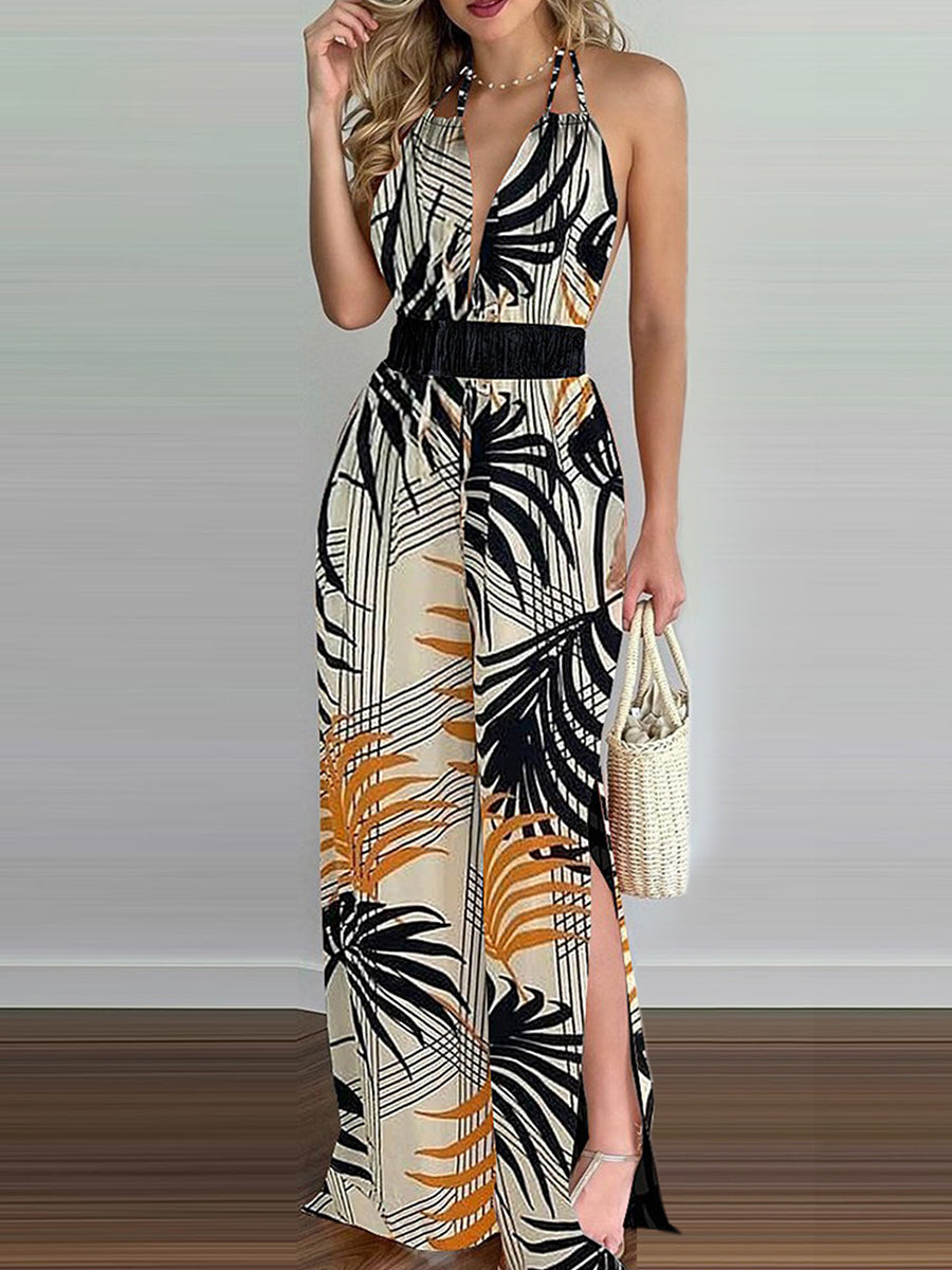 Sling Leaf Print Jumpsuit