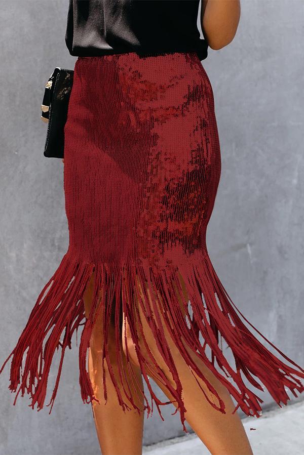 Sequined High Waist Fringed Skirt