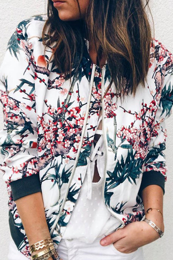 Round Neck Zipper Long Sleeve Printed Jacket