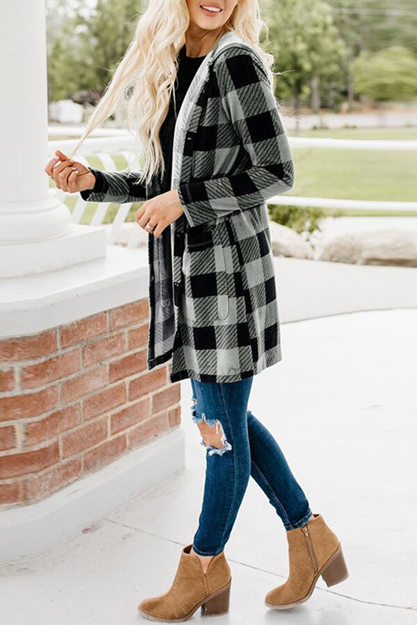 Hooded Plaid Long Sleeve Button Down Pocket Coat