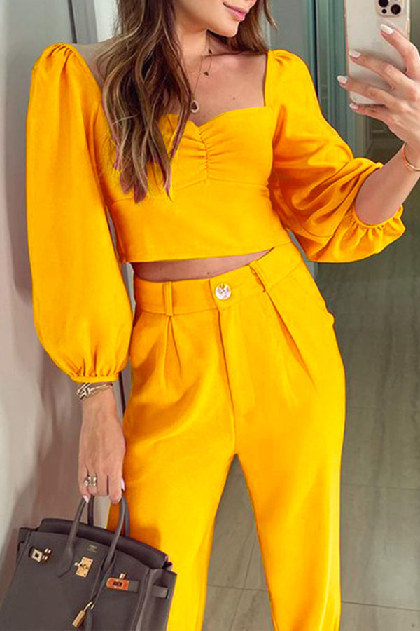 Square Neck Slim Fit Cropped Top Loose Solid Color Casual Pants Two Piece Set
