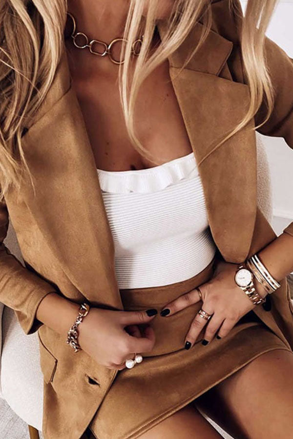 Plain Pocket Design Blazer Coat & Skirt Set