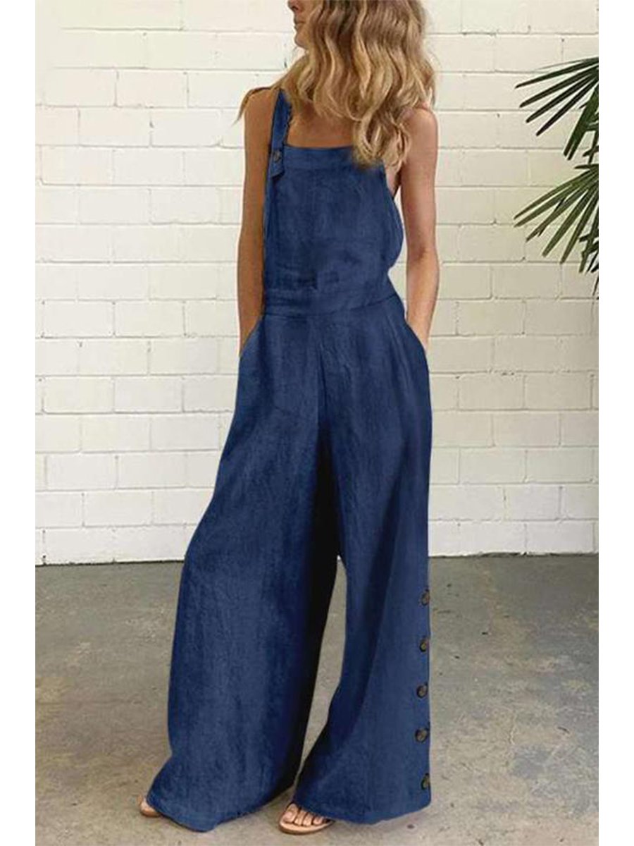 Modern Solid Color Sleeveless Side Pocket&Buckle Jumpsuit