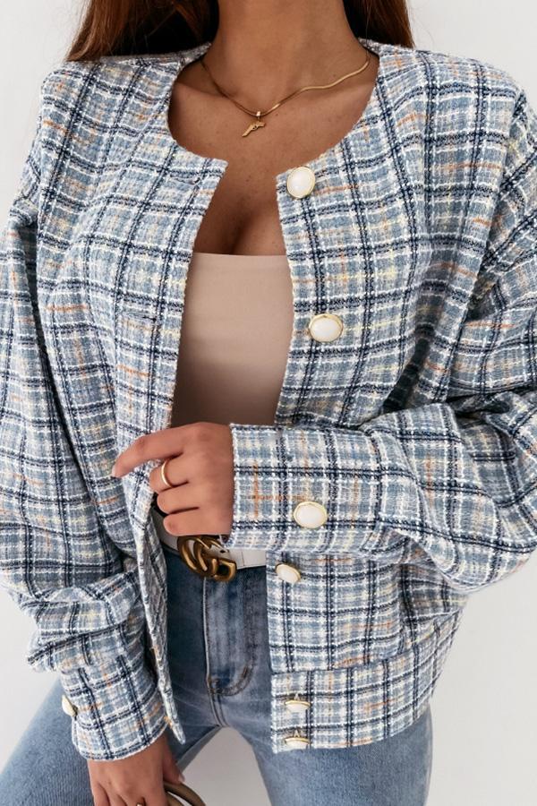 Round Neck Plaid Wool Short Coat