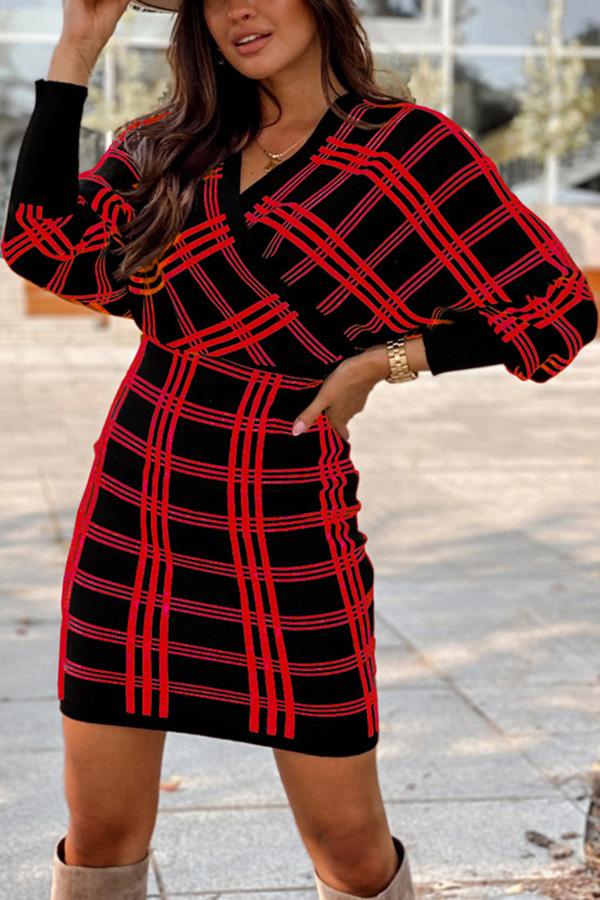 V-neck Plaid Sweater Dress