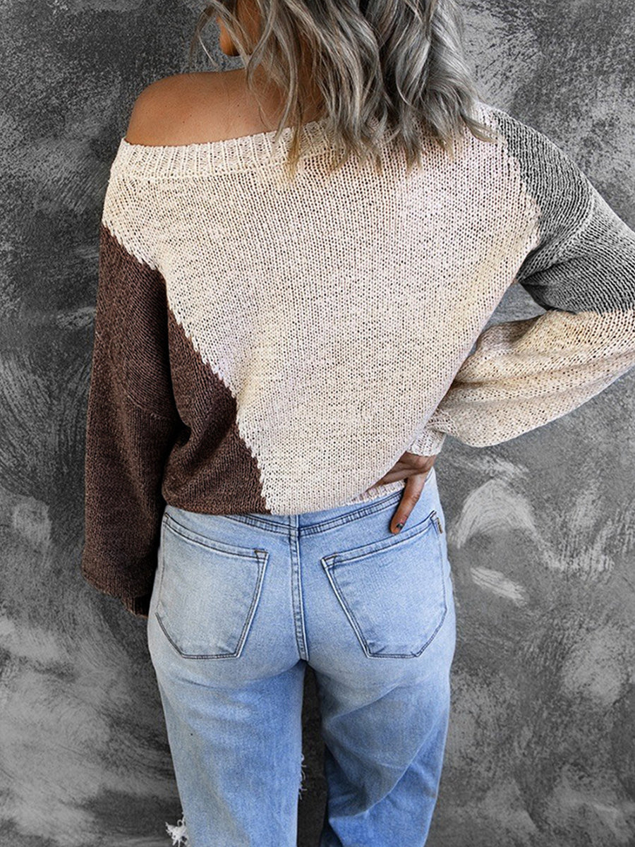Irregular Color Block Off-shoulder Sweater