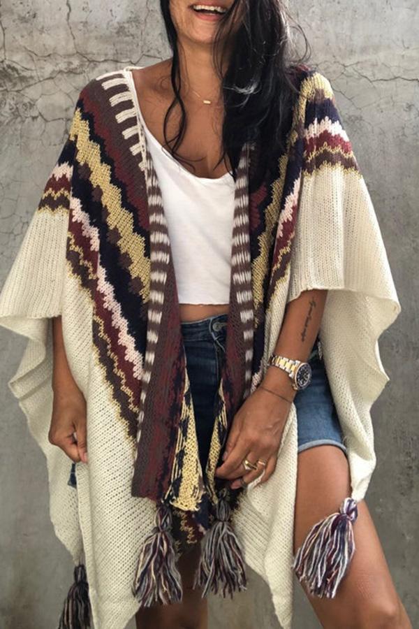 Vintage Multicolor Collarless Patchwork Tassel Knit Kimono