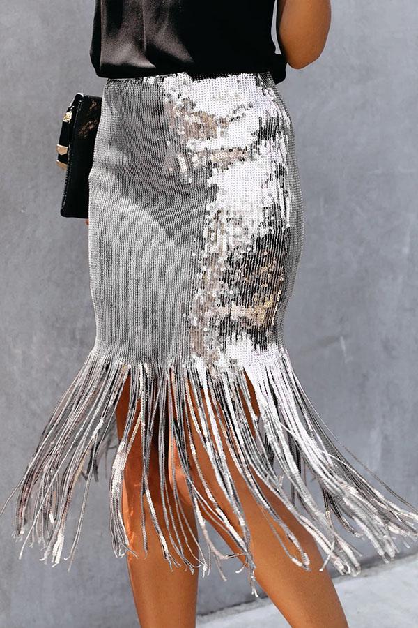 High Waist Sequined Fringed Skirt