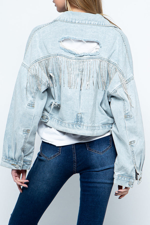 Ripped Rhinestone Fringed Denim Jacket