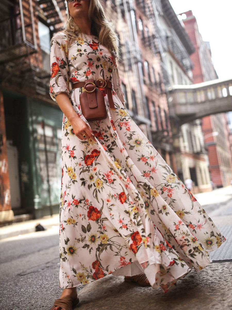 Flower Print Mid-length Sleeve Dress