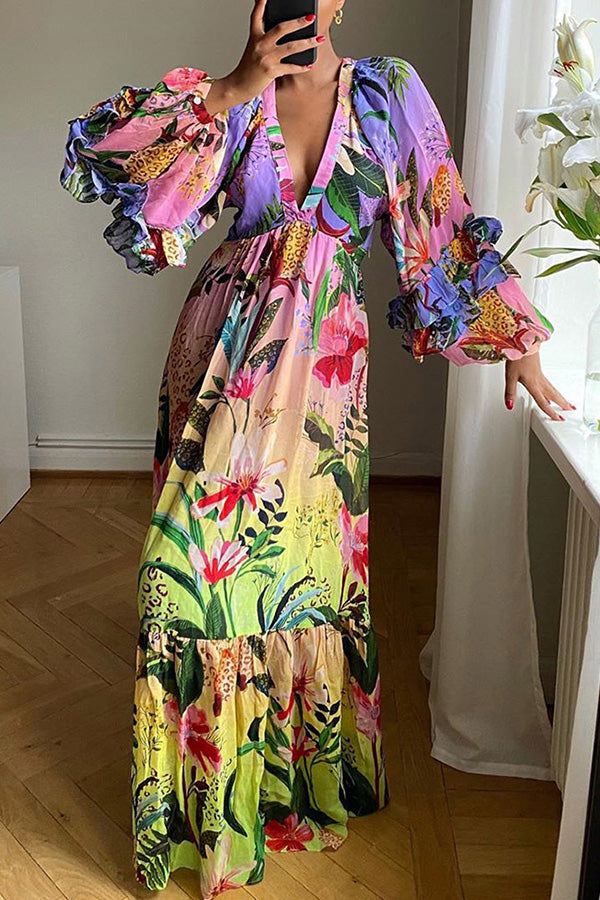 Vacation V-neck Print Maxi Dress