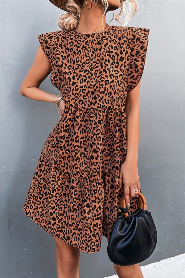 Crew Neck Flyer Sleeves Vintage Leopard Print Mini Dress