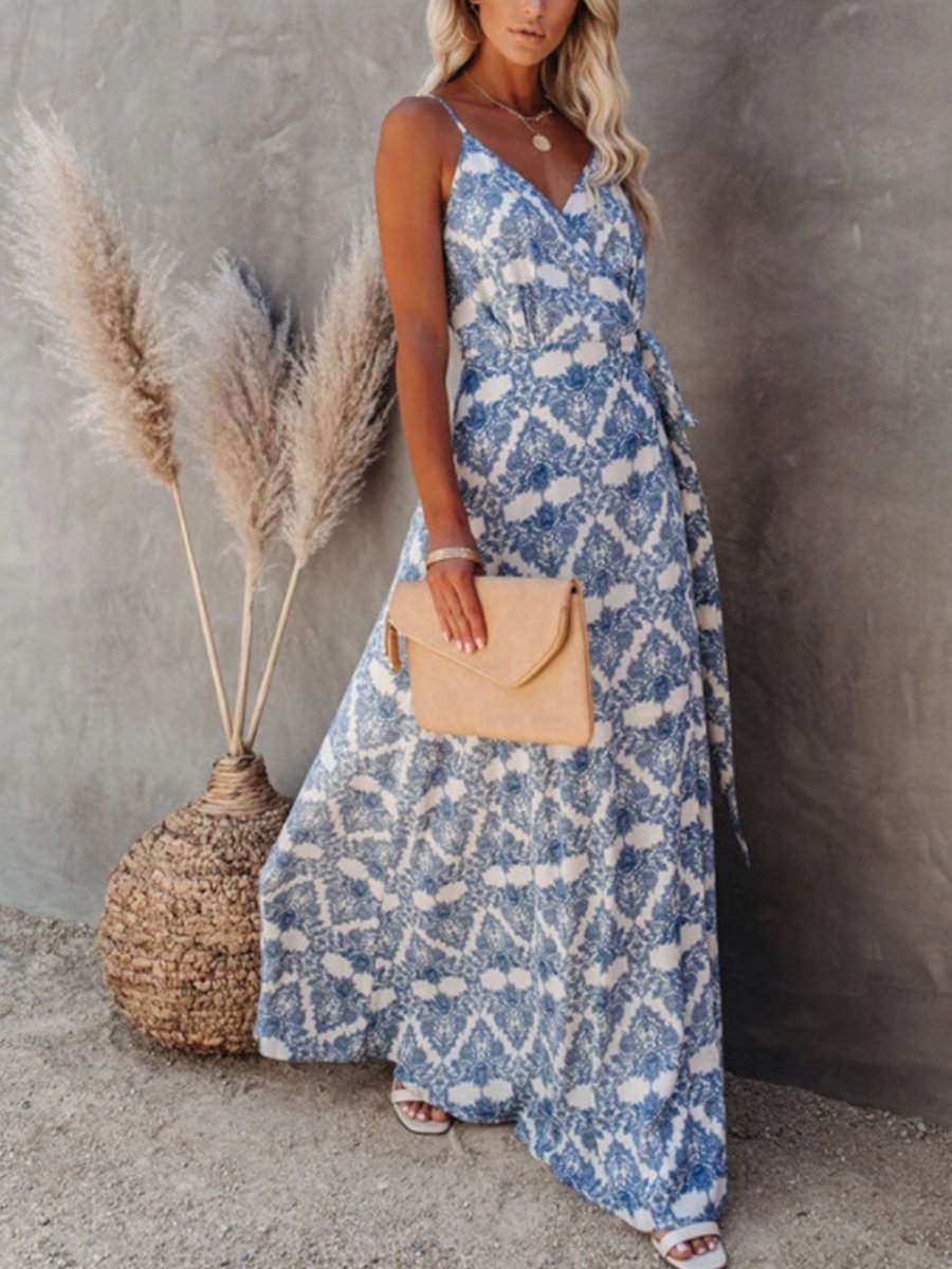 Sweet V Neck Slit Print Suspender Maxi Dress