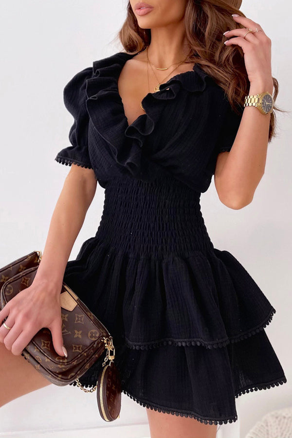 Short Sleeve V-Neck Ruffle Neck Waist Mini Dress