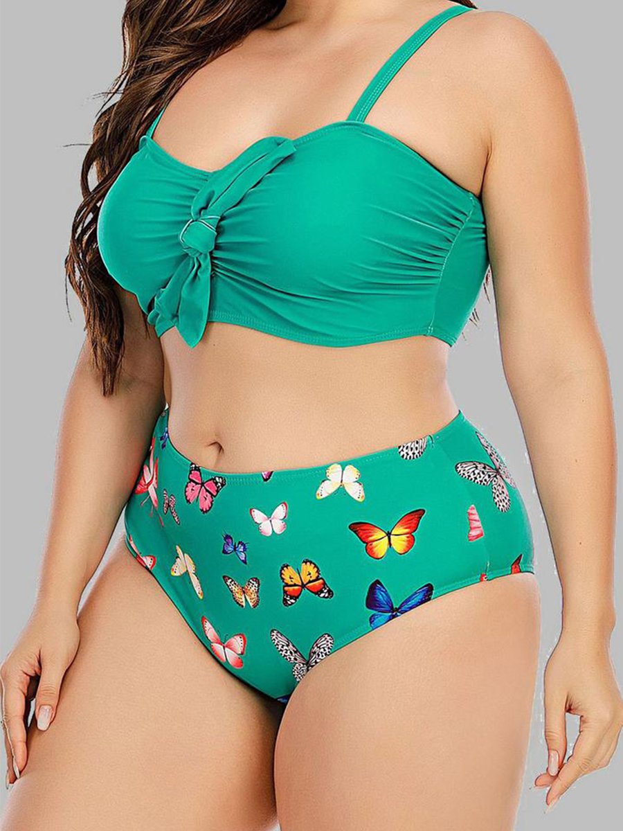 Butterfly Print Ruched Knot Design Black Two-piece Swimsuit