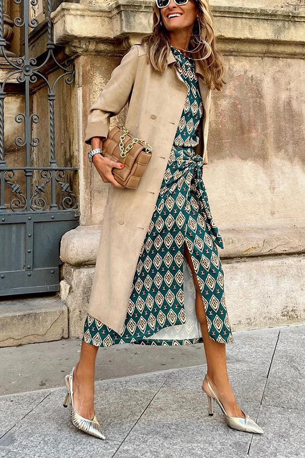 Printed Round Neck Long Sleeve Skirt Suit