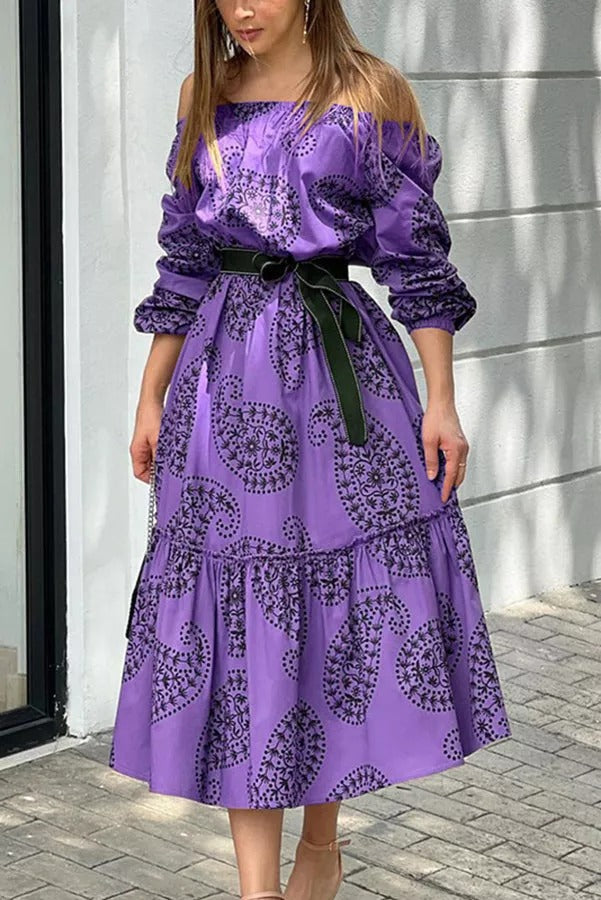 Dynamic Love Printed Off The Shoulder Midi Dress