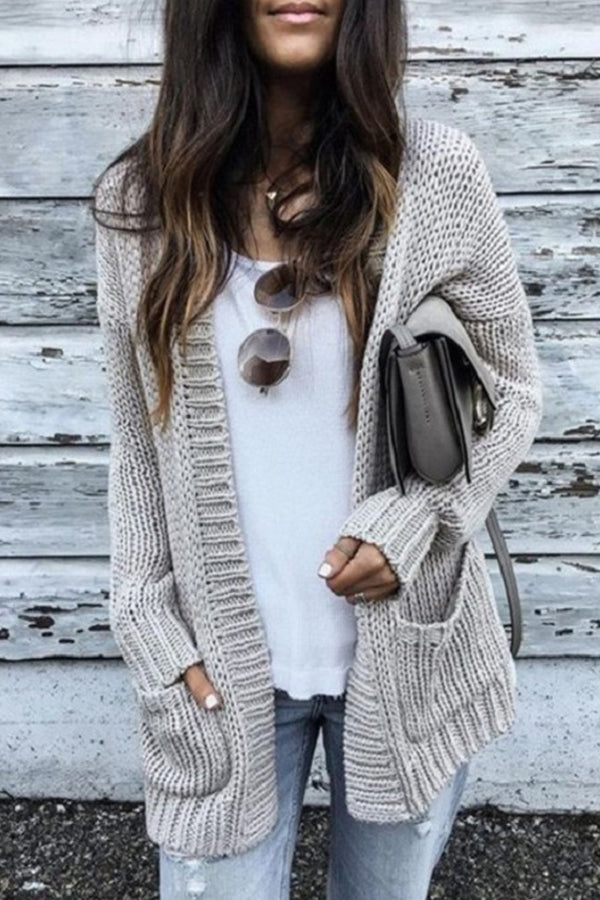 Comfy Plain Grey Long Sleeve Open Front Cardigan