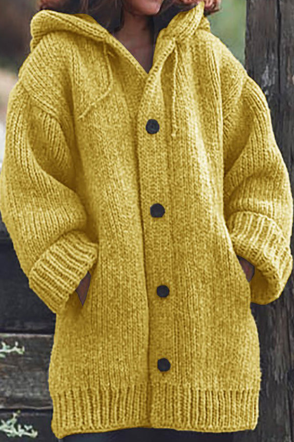 Button Down Hooded Knitted Cardigan Plus Size Outerwear For Women
