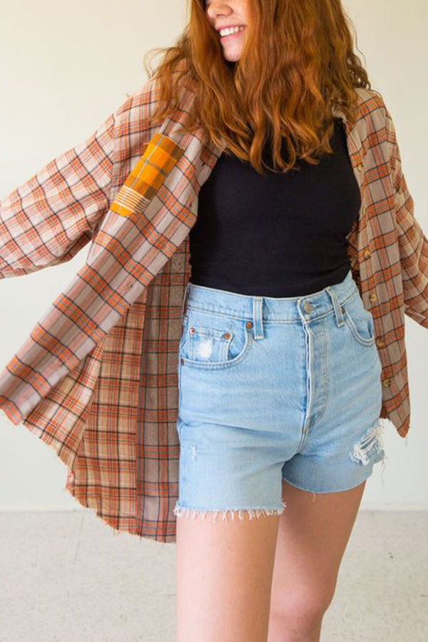 Three-color Stitching Single-breasted Lapel Plaid Shirt