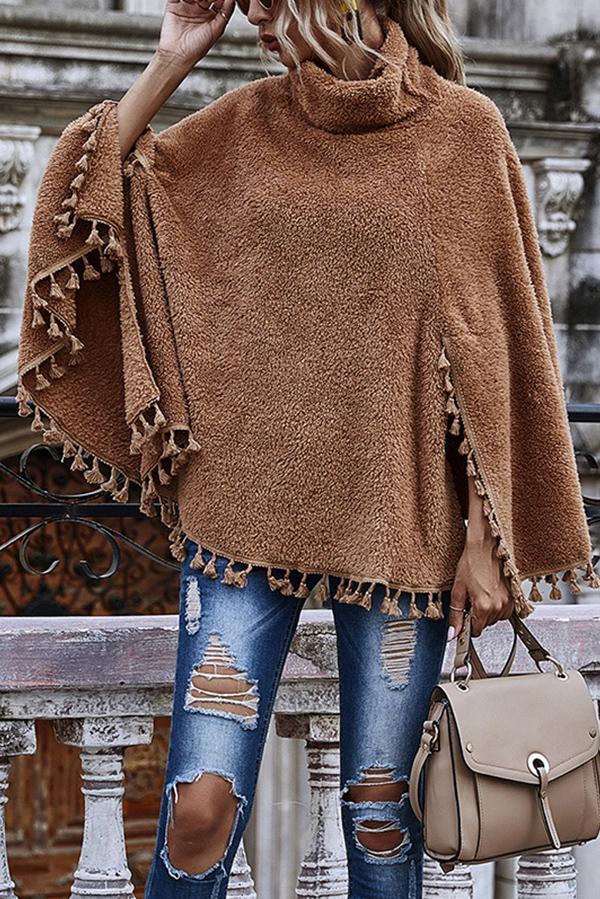 Solid Color High-neck and Fringed Hem Cape Long-sleeved Jacket
