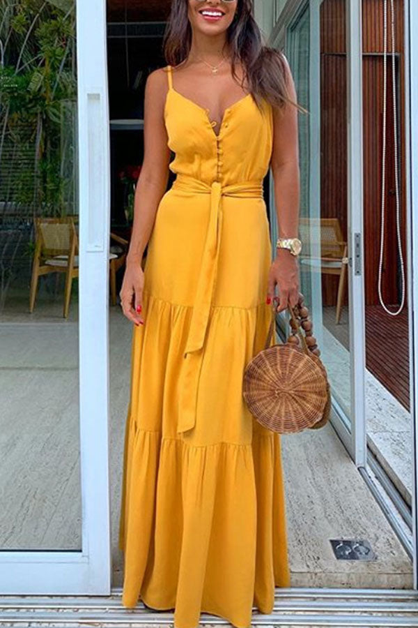 Sexy V-neck Stitching Suspender Dress with Personalized Buttons
