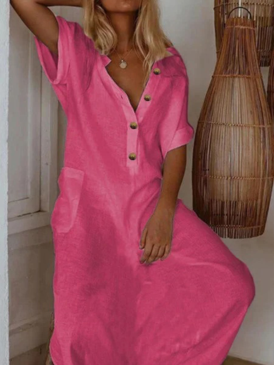 V Neck Linen Shift Daily Casual Short Sleeve Maxi Dress